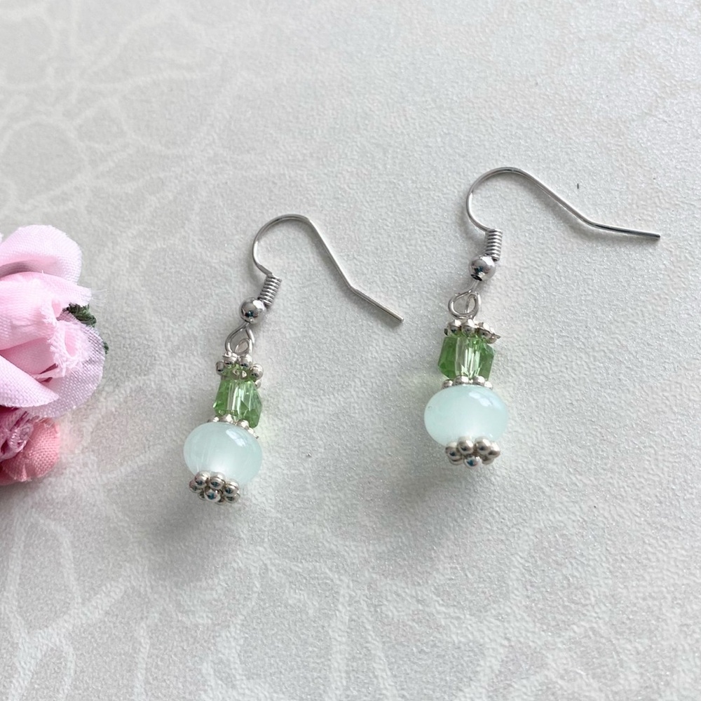 Handmade Silver Drop Earrings with Light Green and Mint Beads